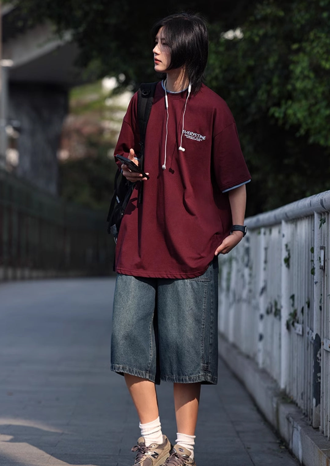 バックプリントレイヤードカジュアル半袖Tシャツ M1008